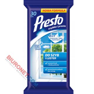 Chusteczki nawilżane Presto do Szyb i Luster, ściereczki jednorazowe 30 sztuk