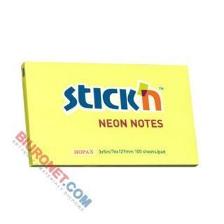 Karteczki samoprzylepne Stick'n 76x127 mm, neonowy bloczek 100 kartek żółty