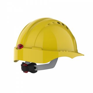 Kask ochronny przemysłowy JSP EVO3 Comfort Plus, hełm wentylowany, regulacja obwodu pokrętłem żółty