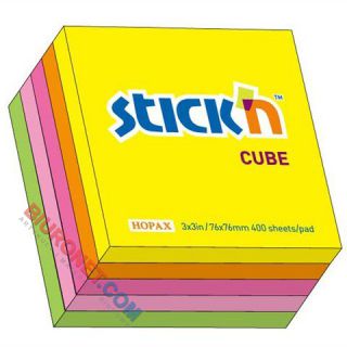 Kostka karteczek samoprzylepnych Stick'n 76x76 mm, 5 kolorów neonowych 1 x 400 kartek