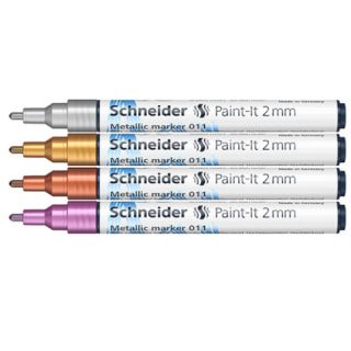 Markery akrylowe Schneider Paint-It Metallic, końcówka 2 mm, srebrny, złoty, miedziany, fioletowy w etui 4 kolory