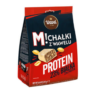 Michałki Protein Wawel 23% Białka, cukierki w białej czekoladzie z kawałkami orzechów arachidowych 245 g