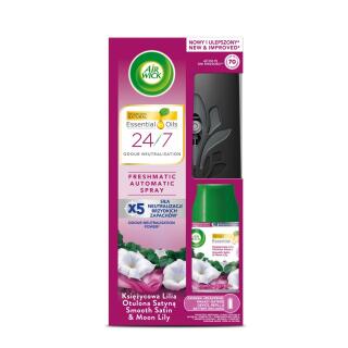 Odświeżacz powietrza Air Wick Freshmatic Auto Spray, automatyczny, czarne urządzenie, komplet Księżycowa Lilia Otulona Satyną