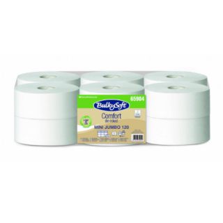 Papier toaletowy BulkySoft Comfort Mini Jumbo 65904, biały papier celulozowy z recyklingu, 2-warstwowy, do podajników 12 rolek x 120 m
