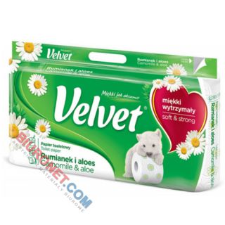 Papier toaletowy Velvet Rumianek & Aloes, standardowy biały papier celulozowy, 3-warstwowy 8 rolek