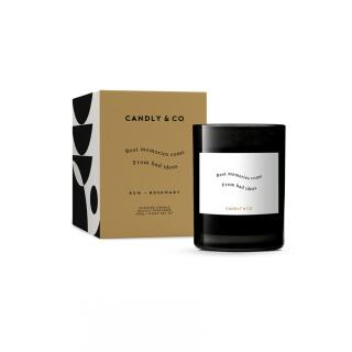 Świeca sojowa Candly & Co 250 g, zapach No.2 Rum i Rozmaryn, w szkle z cytatem Best Memories Come From Bad Ideas