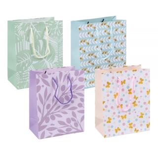 Torebka ozdobna na prezenty Donau HOME 18 x 23 x 10 cm, laminowana papierowa ze sznurkiem, 12 sztuk mix wzorów