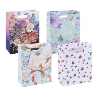 Torebka ozdobna na prezenty Donau HOME 26 x 32,5 x 10 cm, laminowana papierowa z rączką, 12 sztuk mix wzorów