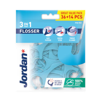 Uchwyty z jedwabną nicią dentystyczną Jordan Flosser 3w1 50 sztuk
