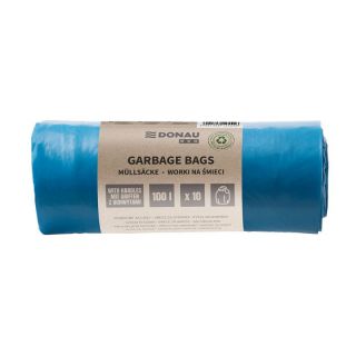 Worki na odpady Donau ECO, folia LDPE z recyklingu, wiązane z uchwytami, niebieskie 100L x 10 sztuk