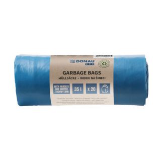 Worki na odpady Donau ECO, folia LDPE z recyklingu, wiązane z uchwytami, niebieskie 35L x 20 sztuk