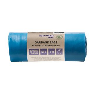 Worki na odpady Donau ECO, folia LDPE z recyklingu, wiązane z uchwytami, niebieskie 60L x 10 sztuk