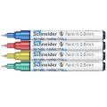 Markery akrylowe Schneider Paint-It Metallic, cienka końcówka 0,8 mm, niebieski, czerowny, żółty, zielony w etui 4 kolory