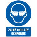 Znak BHP piktogram TDC, z napisem "Załóż okulary ochronne" 10,5 x 14,8 cm